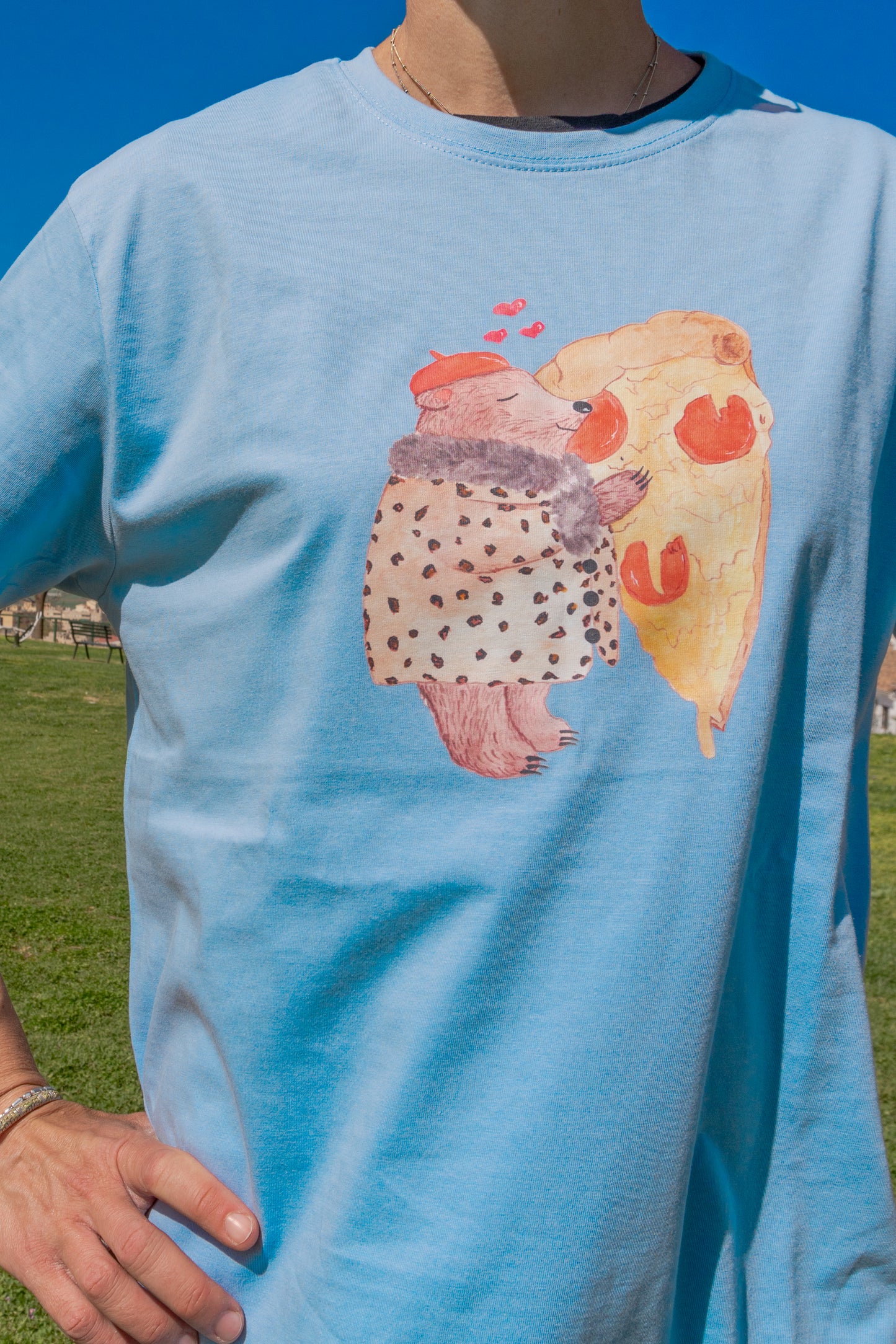 “Pizza Love Bear” Organic Cotton T-Shirt – Sky Blue Edition