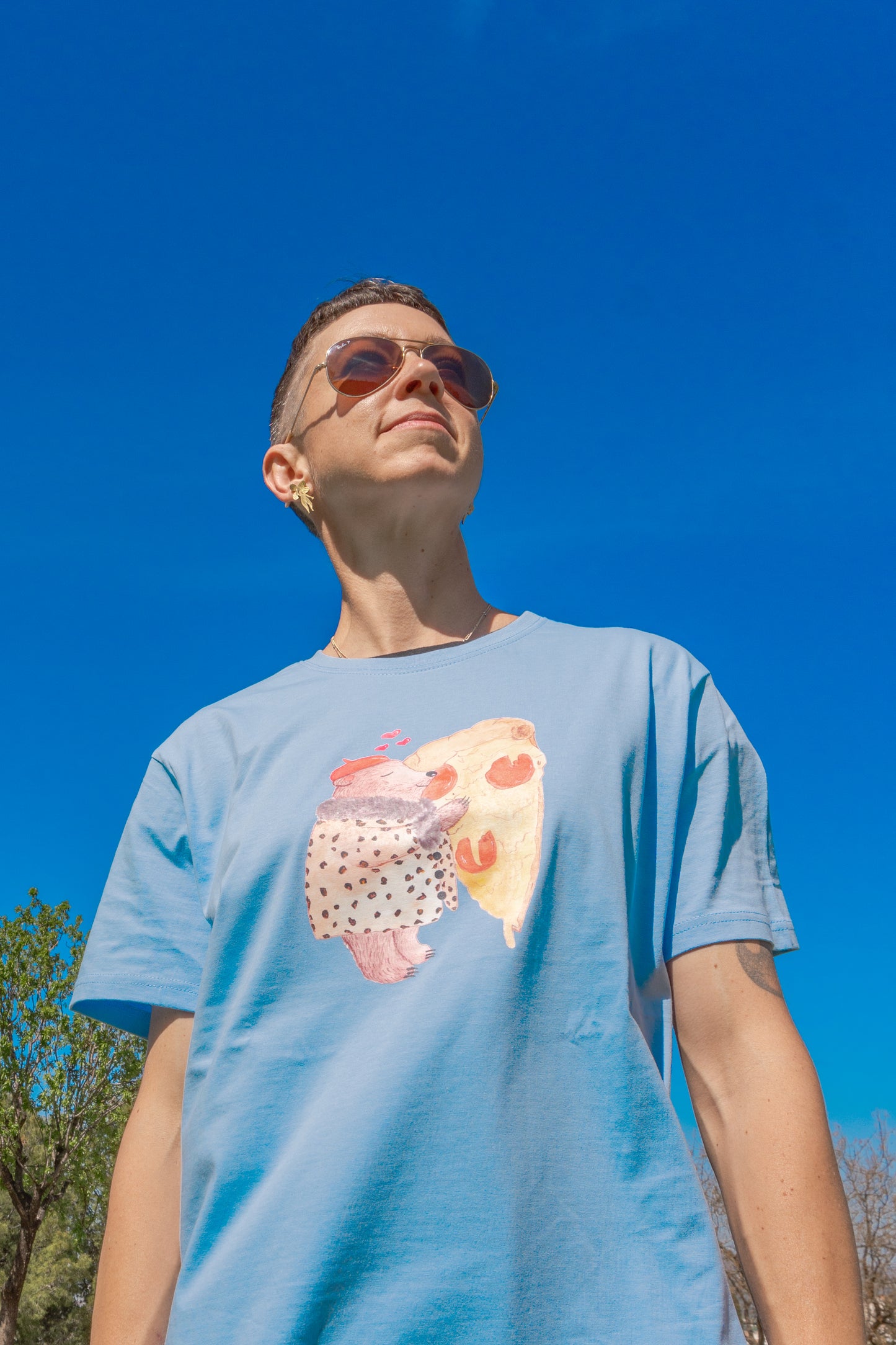 “Pizza Love Bear” Organic Cotton T-Shirt – Sky Blue Edition