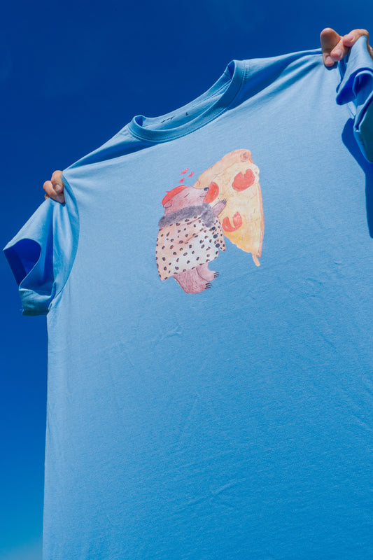 “Pizza Love Bear” Organic Cotton T-Shirt – Sky Blue Edition