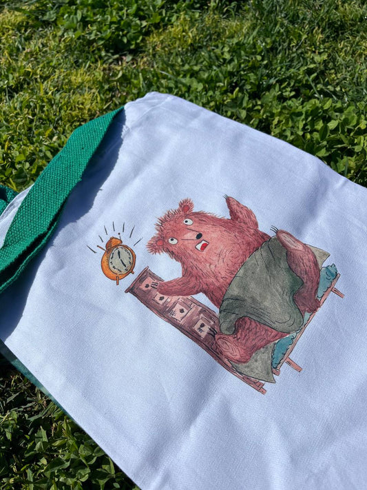 Wake-Up Bear Canvas Tote Bag – Eco-Friendly & Fun Design
